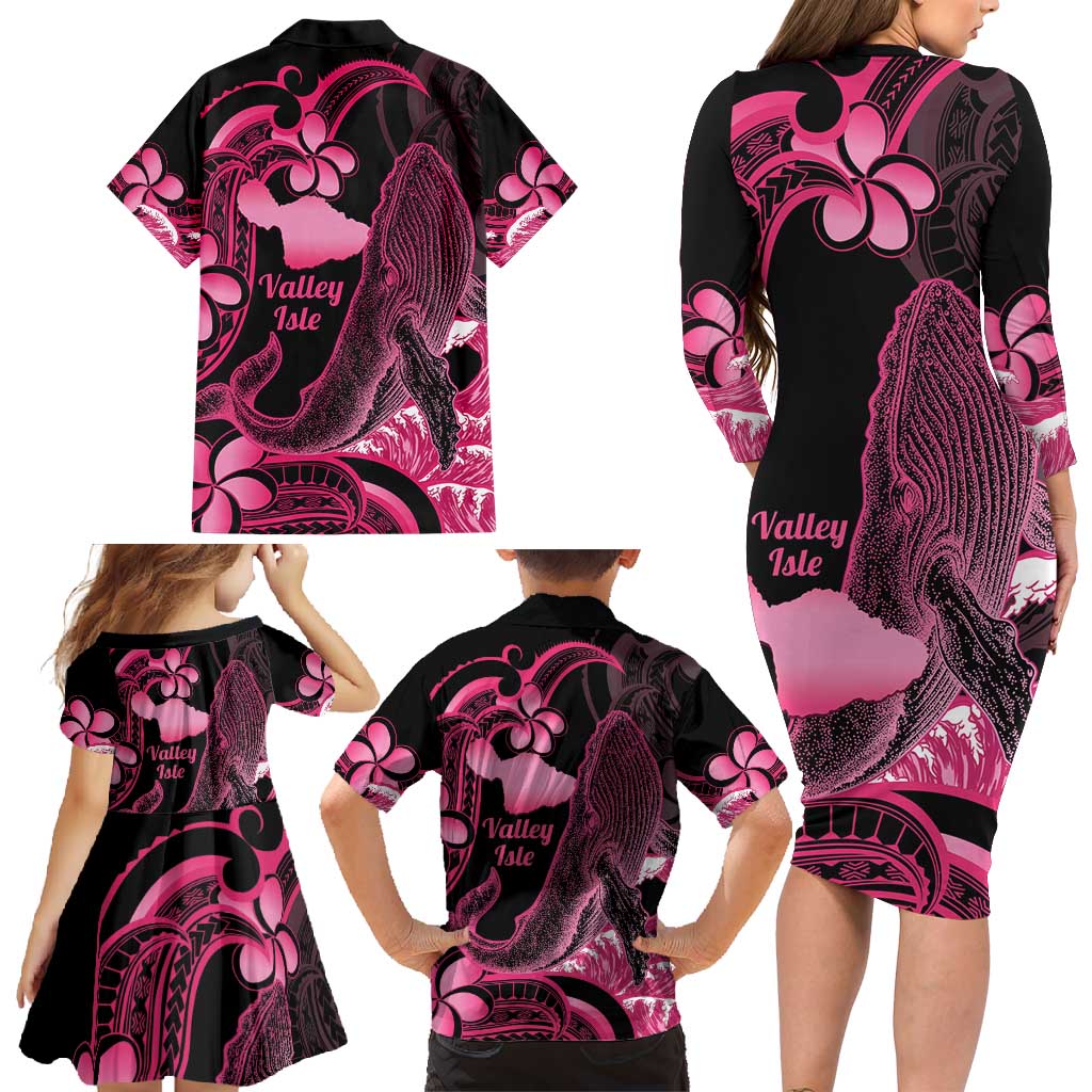 Aloha Hawaii Maui Family Matching Long Sleeve Bodycon Dress and Hawaiian Shirt Valley Isle Humpback Whale Black