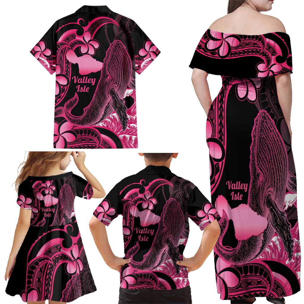 Aloha Hawaii Maui Family Matching Off Shoulder Maxi Dress and Hawaiian Shirt Valley Isle Humpback Whale Black