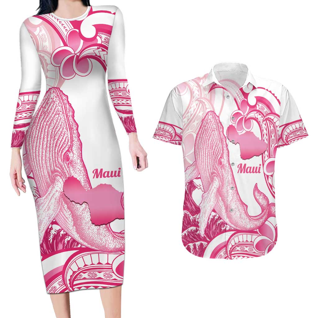 Aloha Hawaii Maui Couples Matching Long Sleeve Bodycon Dress and Hawaiian Shirt Valley Isle Humpback Whale White LT14 White - Polynesian Pride