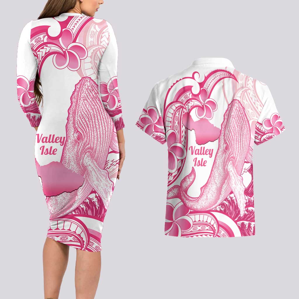 Aloha Hawaii Maui Couples Matching Long Sleeve Bodycon Dress and Hawaiian Shirt Valley Isle Humpback Whale White LT14 - Polynesian Pride