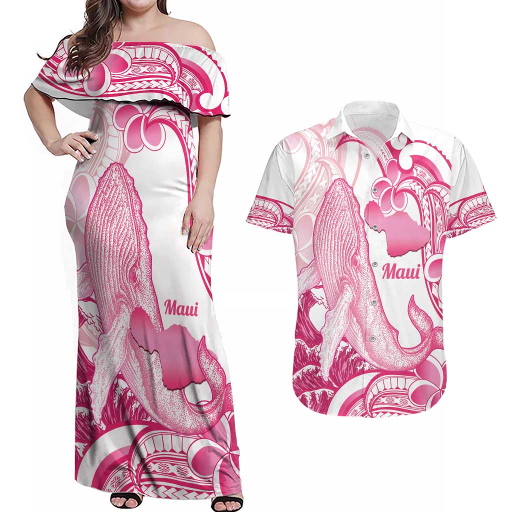 Aloha Hawaii Maui Couples Matching Off Shoulder Maxi Dress and Hawaiian Shirt Valley Isle Humpback Whale White LT14 White - Polynesian Pride