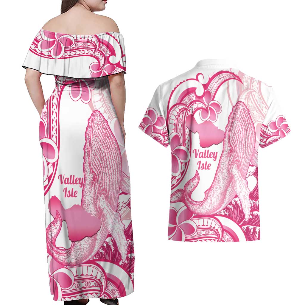Aloha Hawaii Maui Couples Matching Off Shoulder Maxi Dress and Hawaiian Shirt Valley Isle Humpback Whale White LT14 - Polynesian Pride