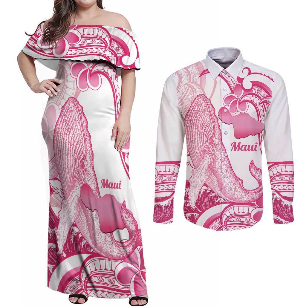 Aloha Hawaii Maui Couples Matching Off Shoulder Maxi Dress and Long Sleeve Button Shirt Valley Isle Humpback Whale White LT14 White - Polynesian Pride