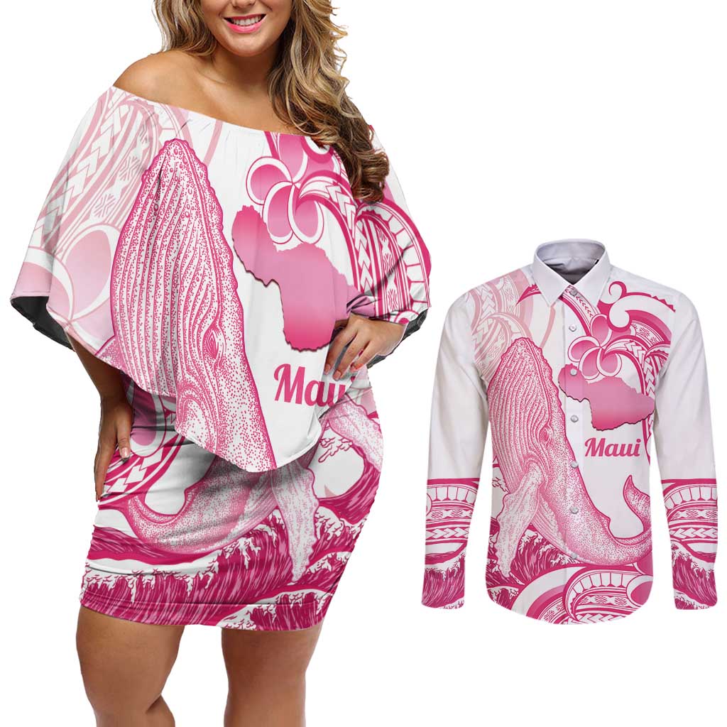 Aloha Hawaii Maui Couples Matching Off Shoulder Short Dress and Long Sleeve Button Shirt Valley Isle Humpback Whale White LT14 White - Polynesian Pride