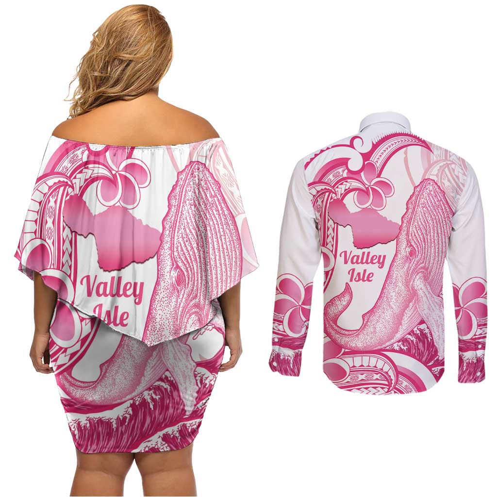 Aloha Hawaii Maui Couples Matching Off Shoulder Short Dress and Long Sleeve Button Shirt Valley Isle Humpback Whale White LT14 - Polynesian Pride