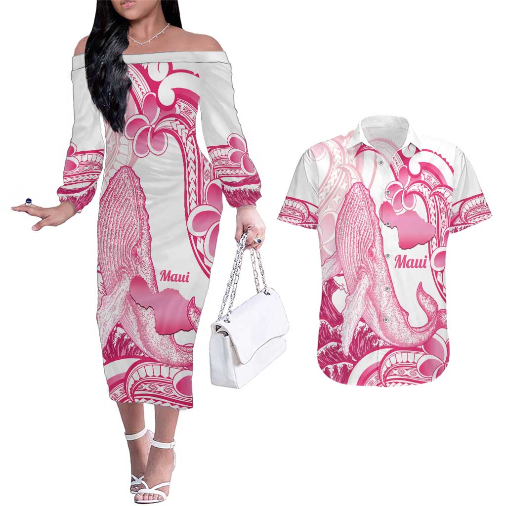 Aloha Hawaii Maui Couples Matching Off The Shoulder Long Sleeve Dress and Hawaiian Shirt Valley Isle Humpback Whale White LT14 White - Polynesian Pride