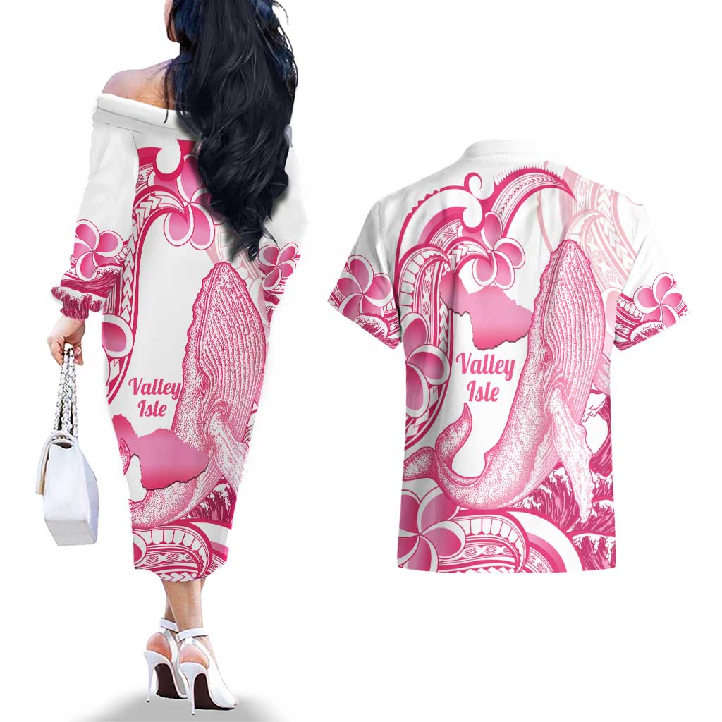 Aloha Hawaii Maui Couples Matching Off The Shoulder Long Sleeve Dress and Hawaiian Shirt Valley Isle Humpback Whale White LT14 - Polynesian Pride