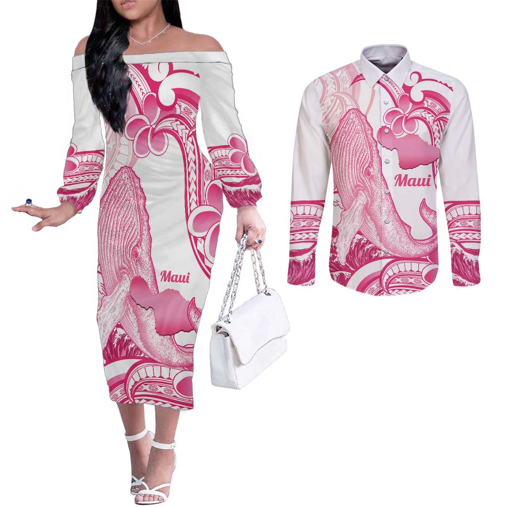 Aloha Hawaii Maui Couples Matching Off The Shoulder Long Sleeve Dress and Long Sleeve Button Shirt Valley Isle Humpback Whale White LT14 White - Polynesian Pride