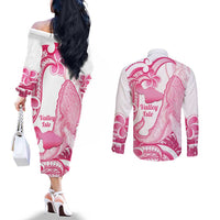 Aloha Hawaii Maui Couples Matching Off The Shoulder Long Sleeve Dress and Long Sleeve Button Shirt Valley Isle Humpback Whale White LT14 - Polynesian Pride