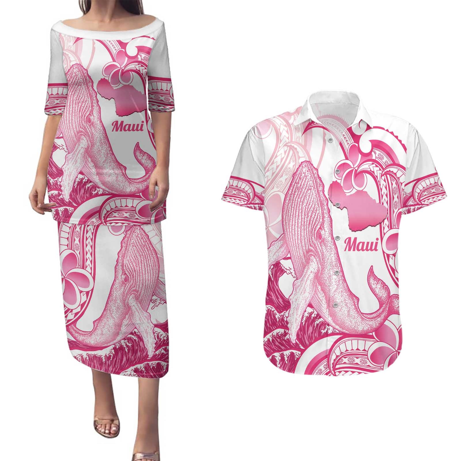 Aloha Hawaii Maui Couples Matching Puletasi and Hawaiian Shirt Valley Isle Humpback Whale White LT14 White - Polynesian Pride