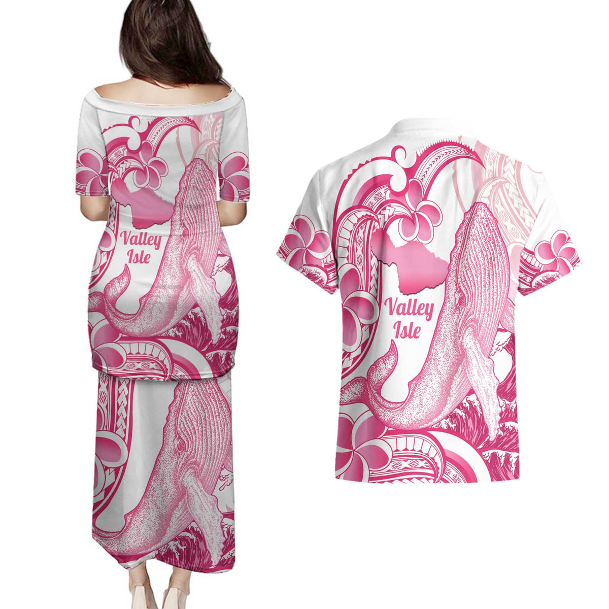 Aloha Hawaii Maui Couples Matching Puletasi and Hawaiian Shirt Valley Isle Humpback Whale White LT14 - Polynesian Pride