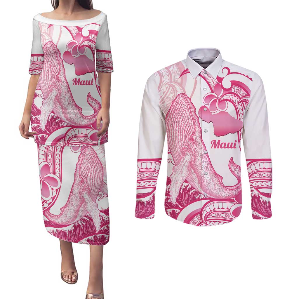 Aloha Hawaii Maui Couples Matching Puletasi and Long Sleeve Button Shirt Valley Isle Humpback Whale White LT14 White - Polynesian Pride