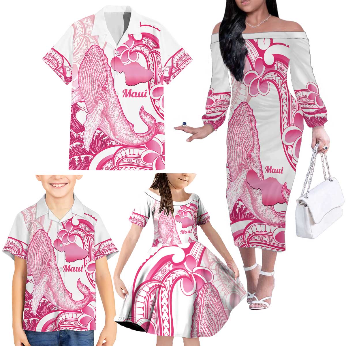 Aloha Hawaii Maui Family Matching Off The Shoulder Long Sleeve Dress and Hawaiian Shirt Valley Isle Humpback Whale White