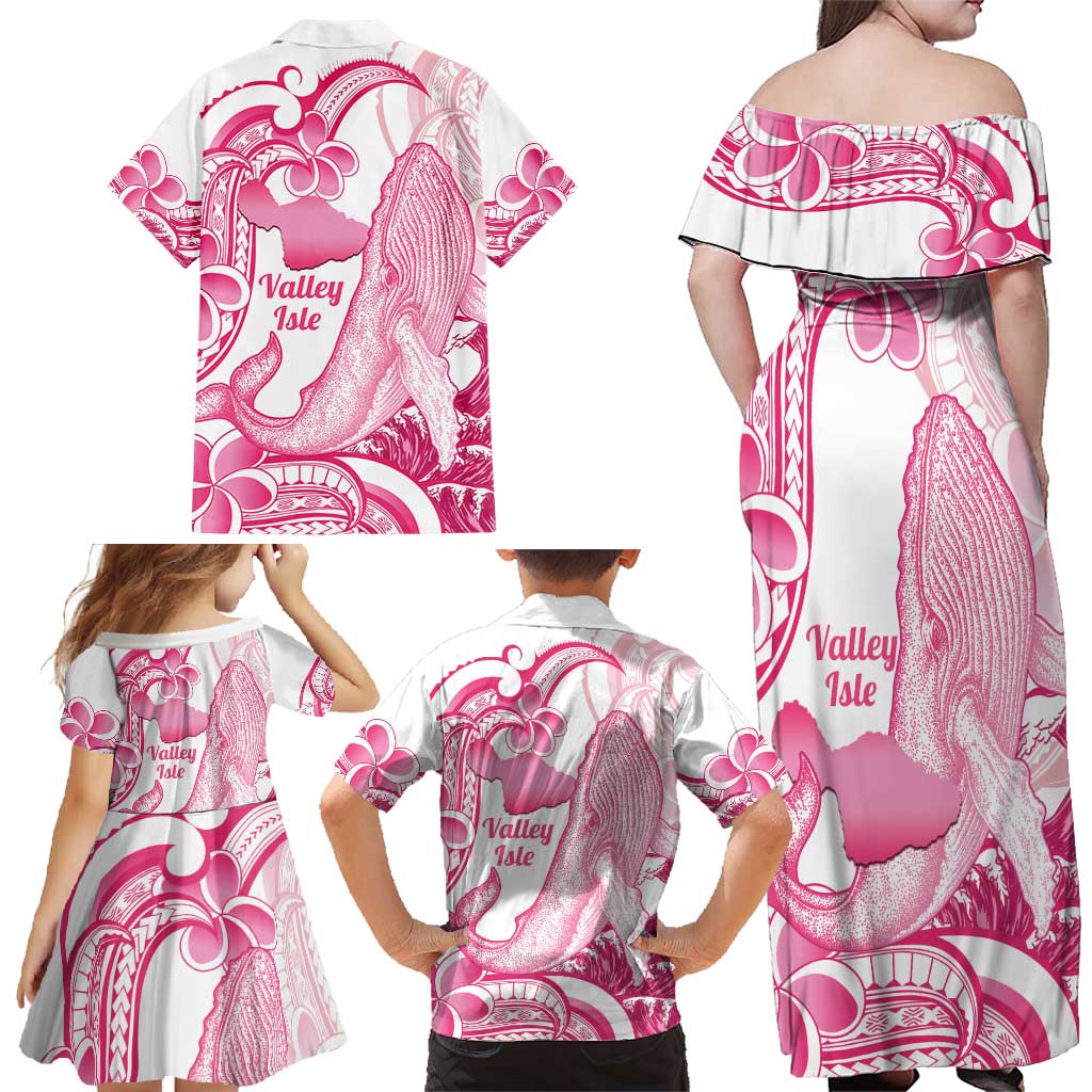 Aloha Hawaii Maui Family Matching Off Shoulder Maxi Dress and Hawaiian Shirt Valley Isle Humpback Whale White