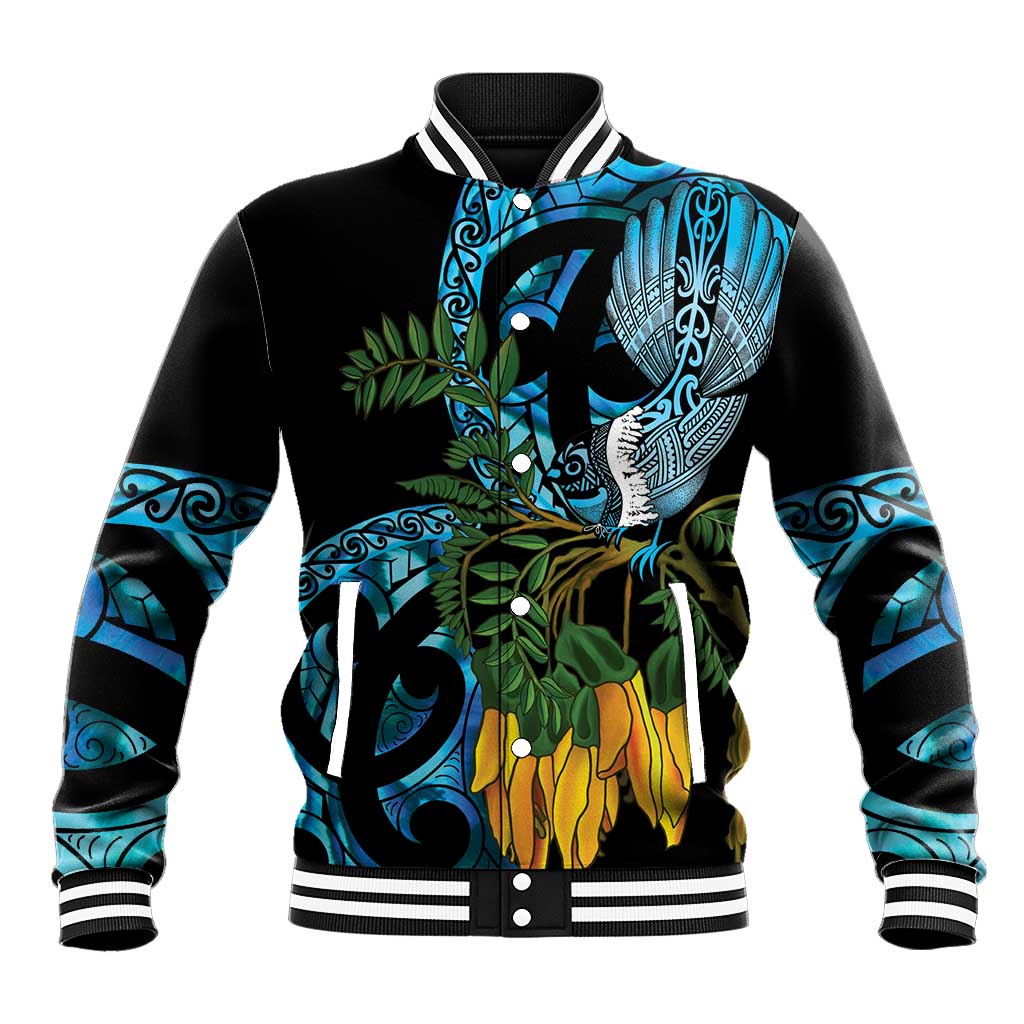 Turquoise New Zealand Kowhai And Piwakawaka Baseball Jacket Maori Ngaru Paua Shell LT14 Unisex Turquoise - Polynesian Pride