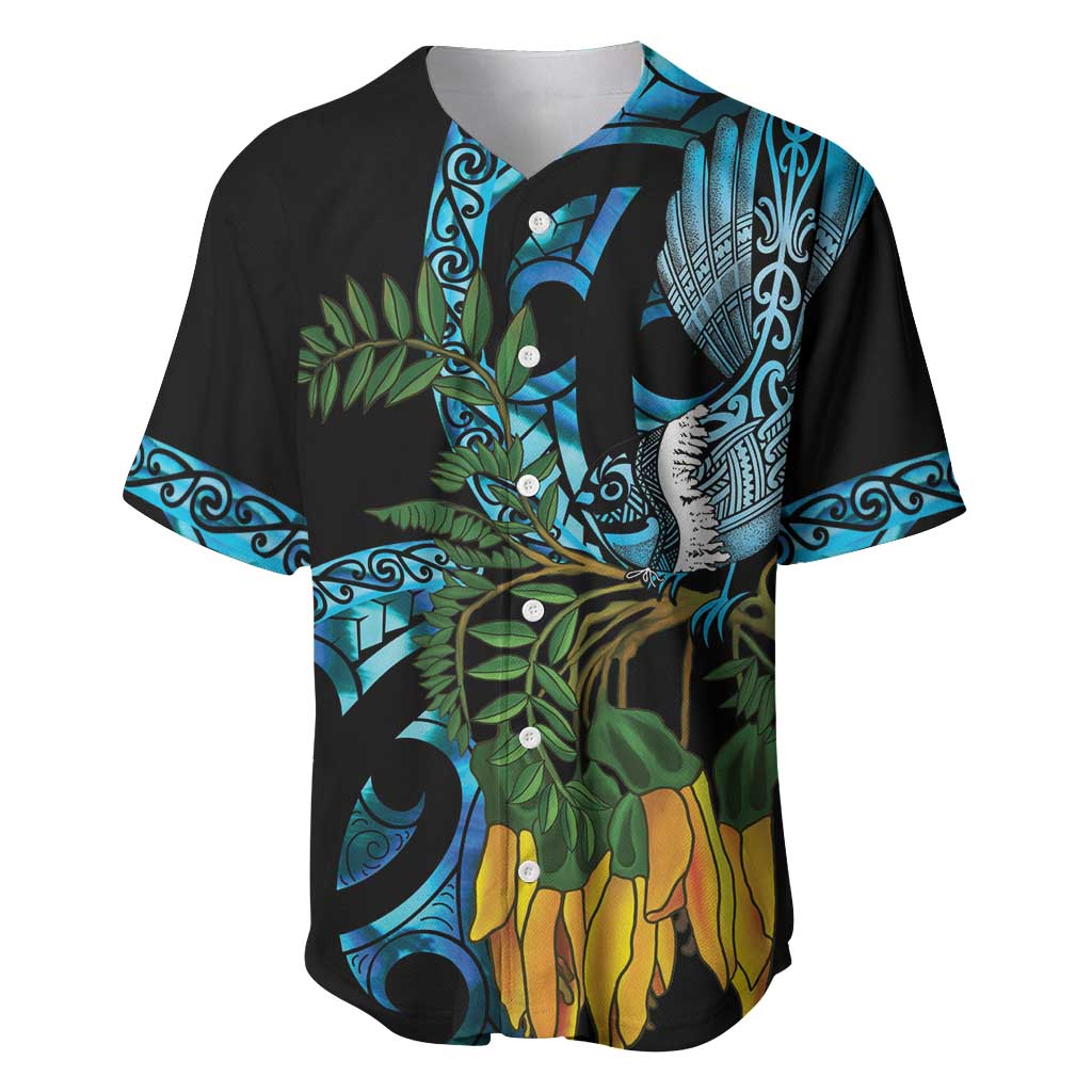 Turquoise New Zealand Kowhai And Piwakawaka Baseball Jersey Maori Ngaru Paua Shell