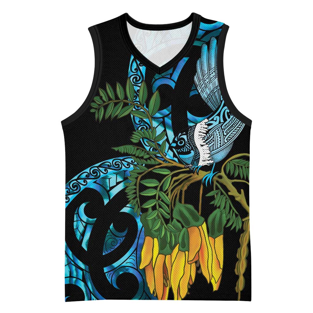 Turquoise New Zealand Kowhai And Piwakawaka Basketball Jersey Maori Ngaru Paua Shell - Polynesian Pride