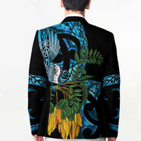 Turquoise New Zealand Kowhai And Piwakawaka Blazer Maori Ngaru Paua Shell - Polynesian Pride
