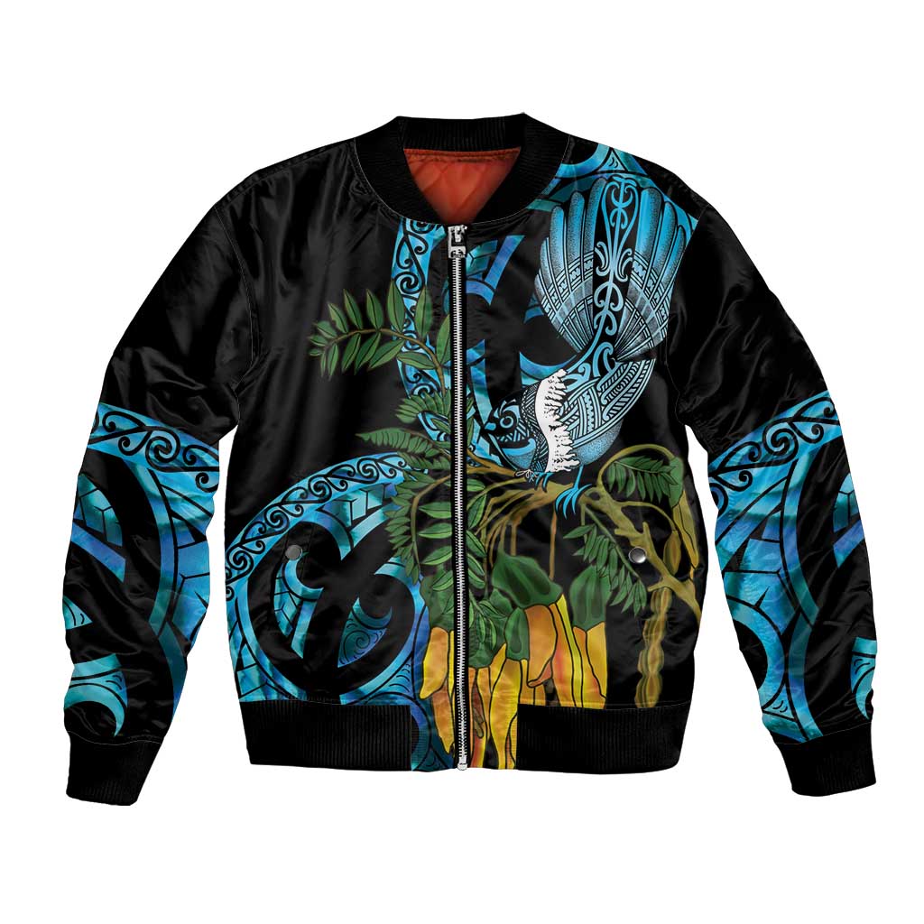 Turquoise New Zealand Kowhai And Piwakawaka Bomber Jacket Maori Ngaru Paua Shell