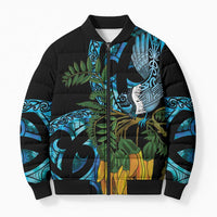 Turquoise New Zealand Kowhai And Piwakawaka Bomber Puffer Jacket Maori Ngaru Paua Shell - Polynesian Pride