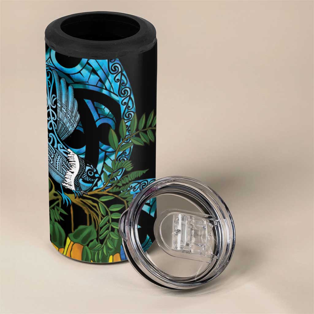 Turquoise New Zealand Kowhai And Piwakawaka 4 in 1 Can Cooler Tumbler Maori Ngaru Paua Shell