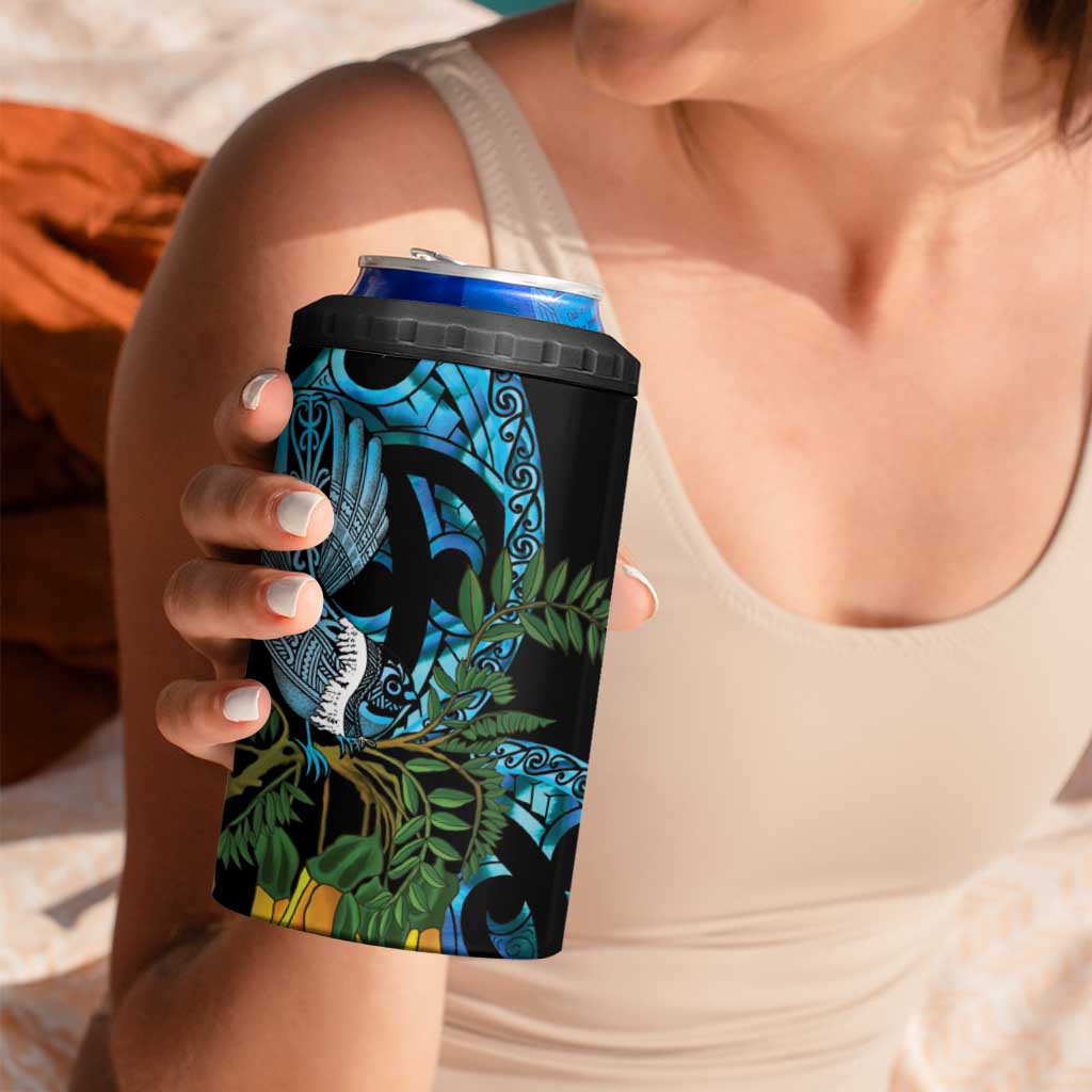 Turquoise New Zealand Kowhai And Piwakawaka 4 in 1 Can Cooler Tumbler Maori Ngaru Paua Shell