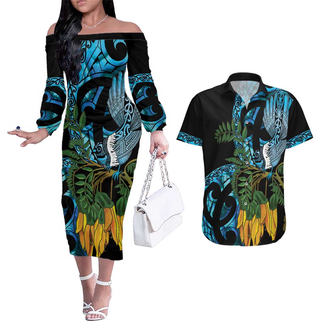 Turquoise New Zealand Kowhai And Piwakawaka Couples Matching Off The Shoulder Long Sleeve Dress and Hawaiian Shirt Maori Ngaru Paua Shell