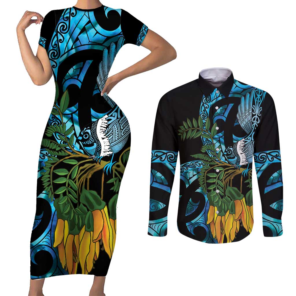 Turquoise New Zealand Kowhai And Piwakawaka Couples Matching Short Sleeve Bodycon Dress and Long Sleeve Button Shirt Maori Ngaru Paua Shell LT14 Turquoise - Polynesian Pride