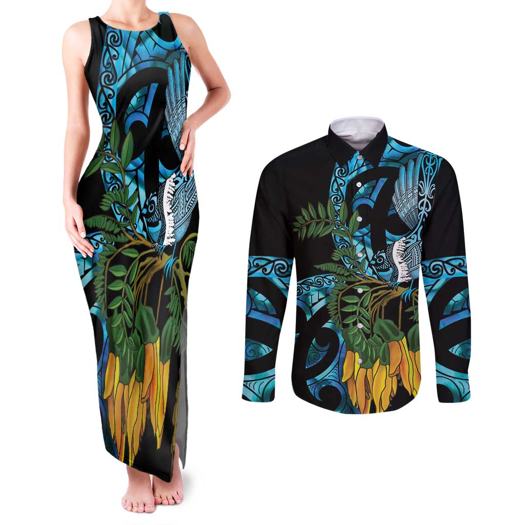 Turquoise New Zealand Kowhai And Piwakawaka Couples Matching Tank Maxi Dress and Long Sleeve Button Shirt Maori Ngaru Paua Shell