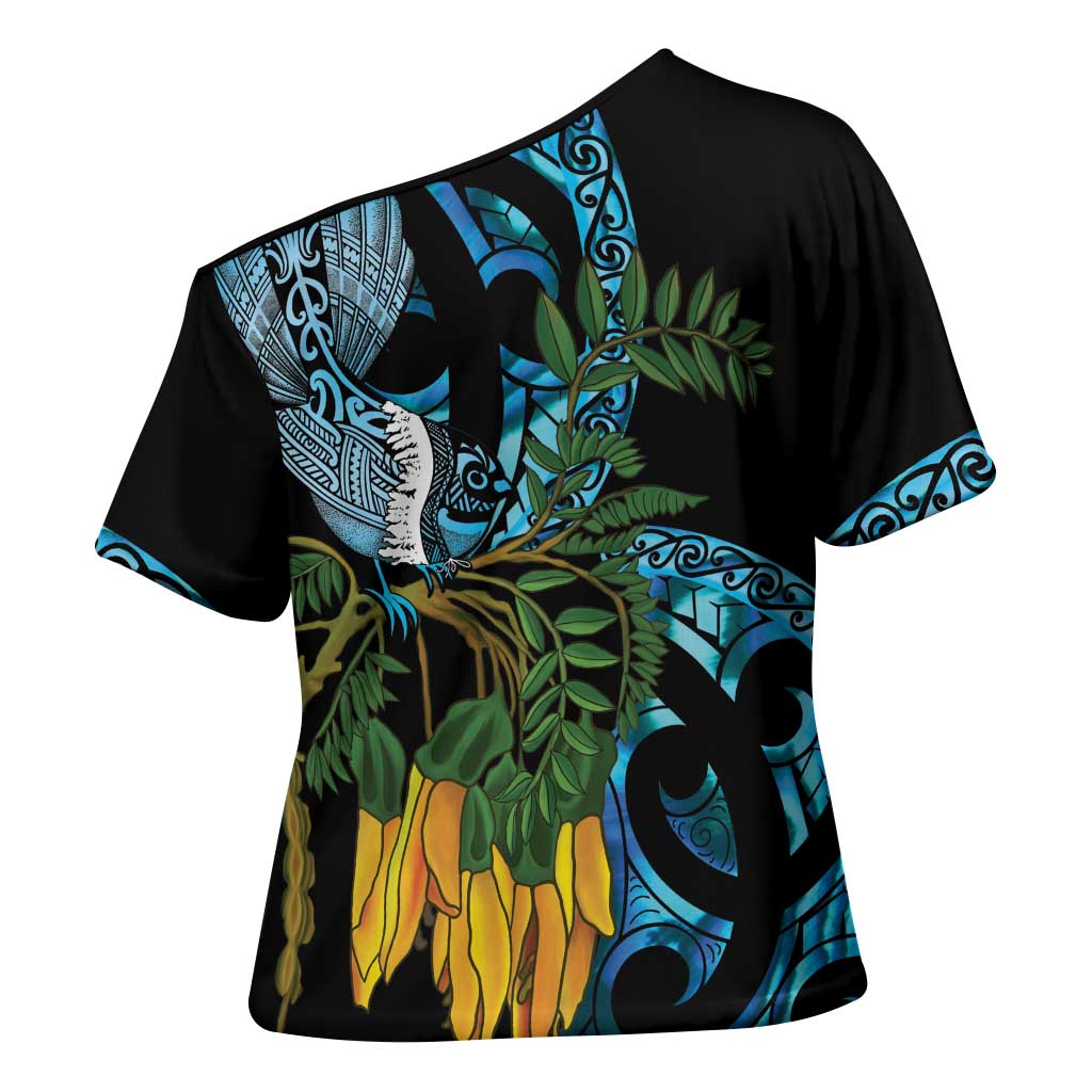 Turquoise New Zealand Kowhai And Piwakawaka Cross Shoulder Shirt Maori Ngaru Paua Shell - Polynesian Pride