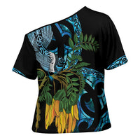 Turquoise New Zealand Kowhai And Piwakawaka Cross Shoulder Shirt Maori Ngaru Paua Shell - Polynesian Pride