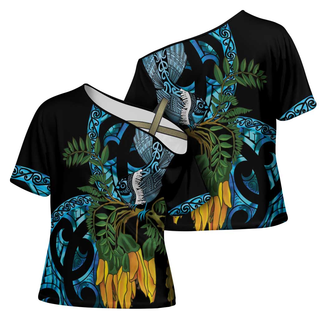 Turquoise New Zealand Kowhai And Piwakawaka Cross Shoulder Shirt Maori Ngaru Paua Shell - Polynesian Pride