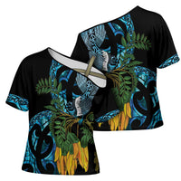 Turquoise New Zealand Kowhai And Piwakawaka Cross Shoulder Shirt Maori Ngaru Paua Shell - Polynesian Pride