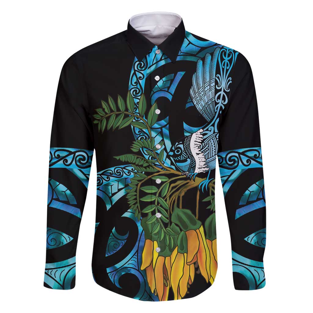 Turquoise New Zealand Kowhai And Piwakawaka Family Matching Long Sleeve Bodycon Dress and Hawaiian Shirt Maori Ngaru Paua Shell