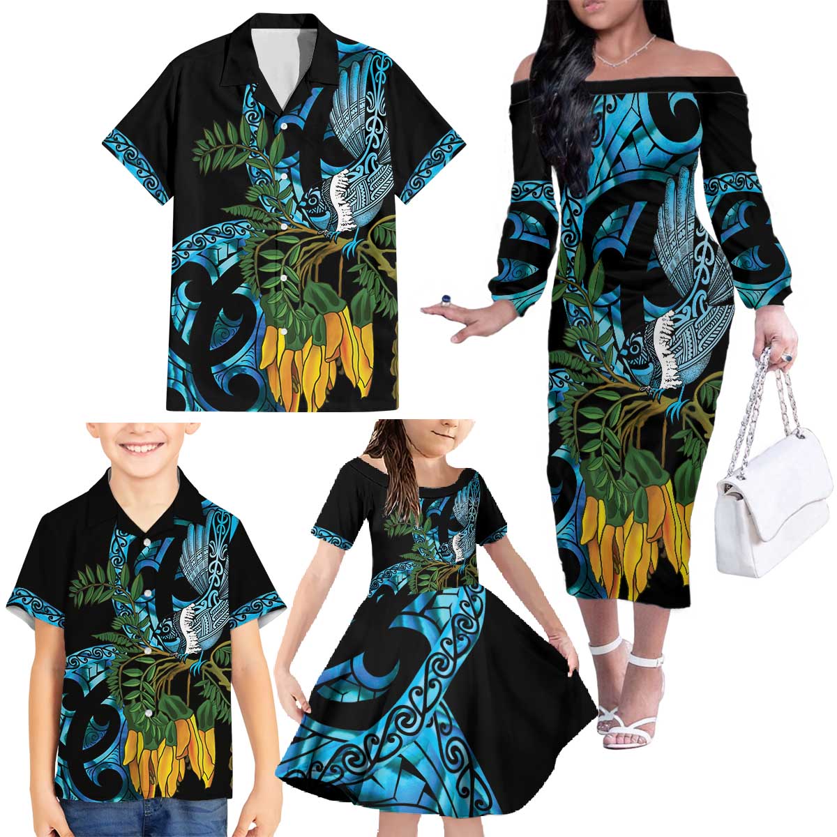 Turquoise New Zealand Kowhai And Piwakawaka Family Matching Off The Shoulder Long Sleeve Dress and Hawaiian Shirt Maori Ngaru Paua Shell