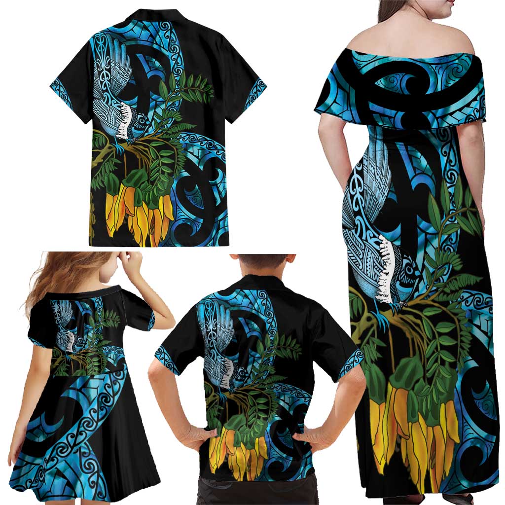 Turquoise New Zealand Kowhai And Piwakawaka Family Matching Off Shoulder Maxi Dress and Hawaiian Shirt Maori Ngaru Paua Shell