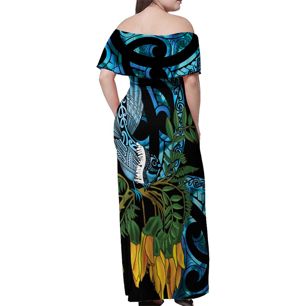 Turquoise New Zealand Kowhai And Piwakawaka Family Matching Off Shoulder Maxi Dress and Hawaiian Shirt Maori Ngaru Paua Shell