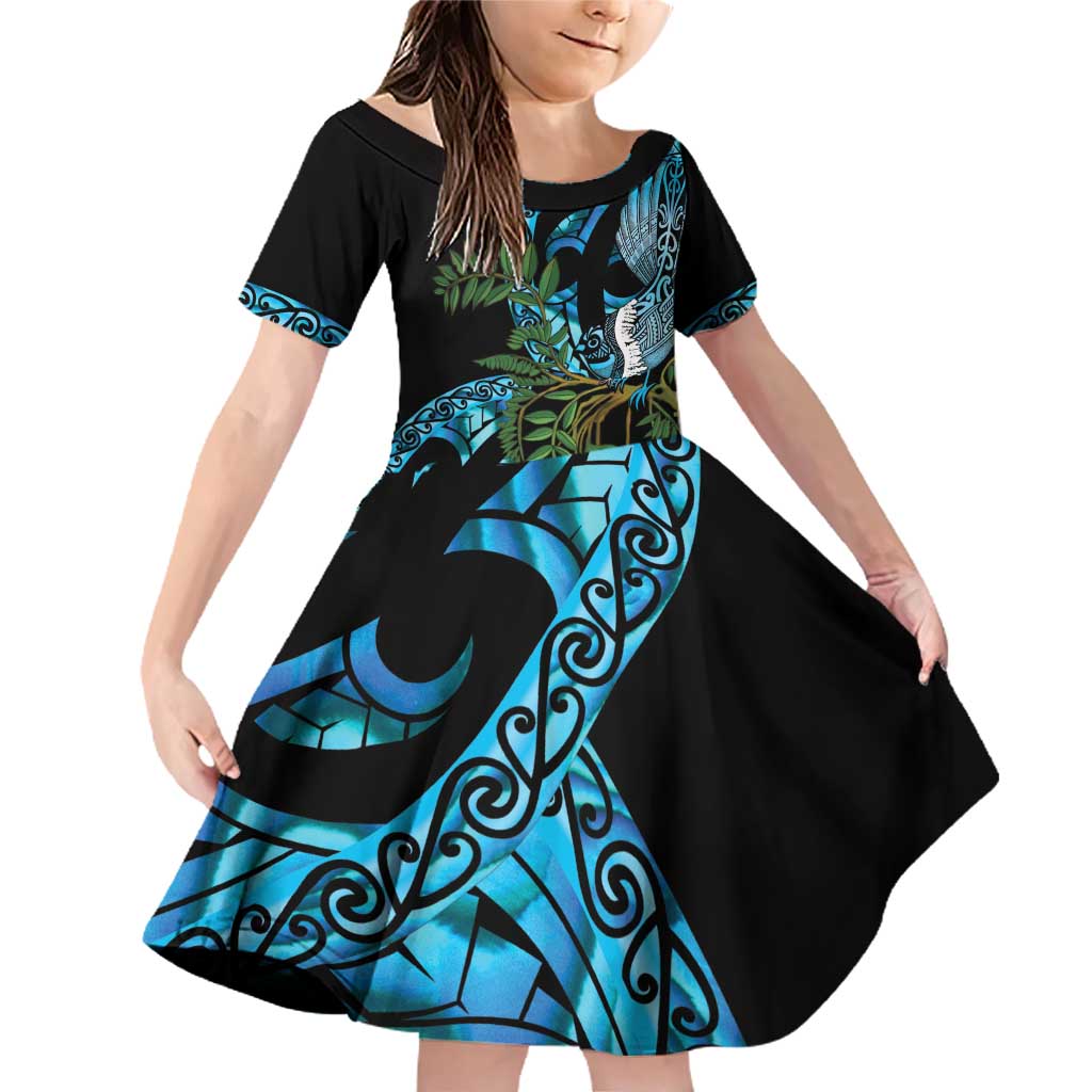 Turquoise New Zealand Kowhai And Piwakawaka Family Matching Off Shoulder Short Dress and Hawaiian Shirt Maori Ngaru Paua Shell