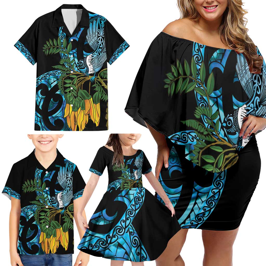 Turquoise New Zealand Kowhai And Piwakawaka Family Matching Off Shoulder Short Dress and Hawaiian Shirt Maori Ngaru Paua Shell