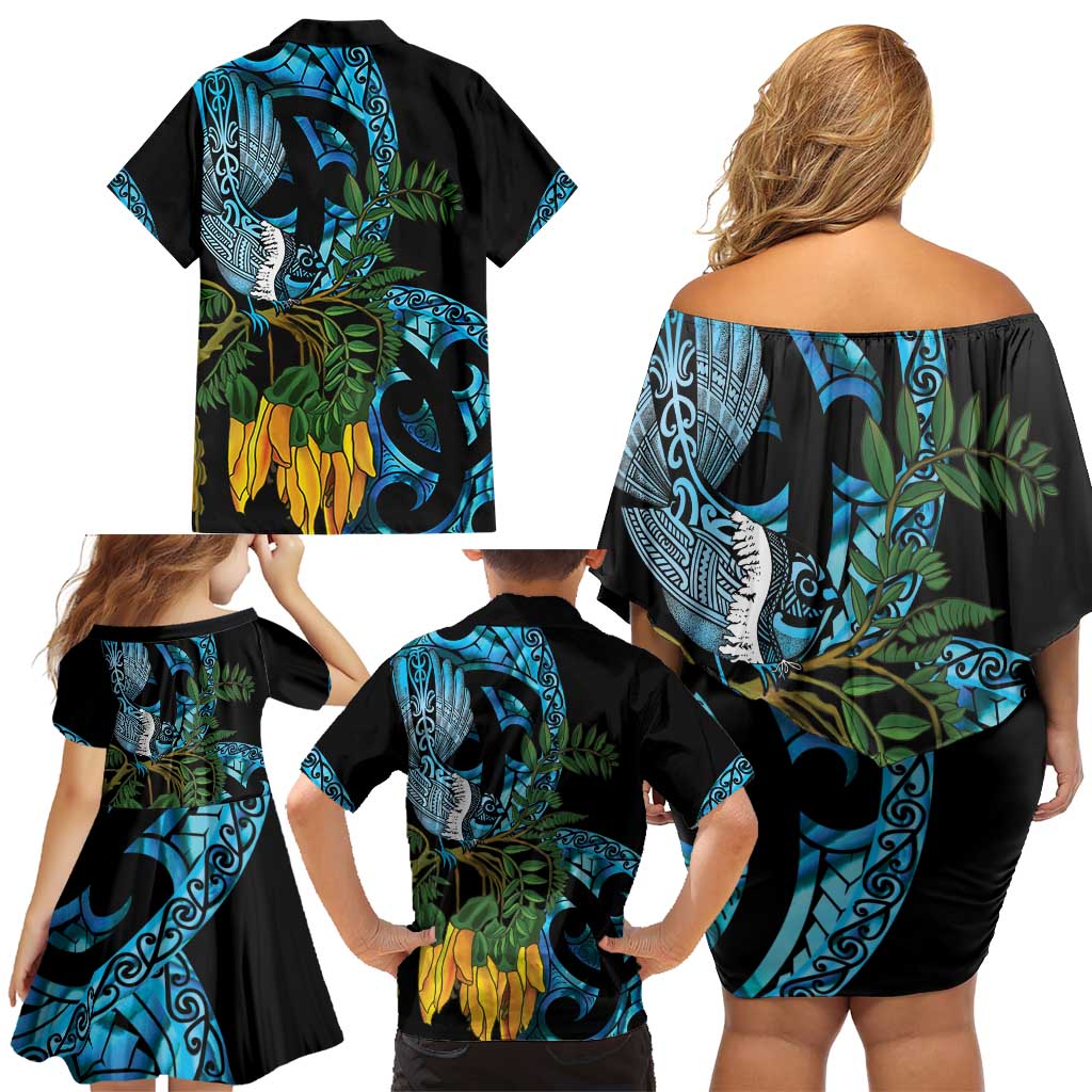 Turquoise New Zealand Kowhai And Piwakawaka Family Matching Off Shoulder Short Dress and Hawaiian Shirt Maori Ngaru Paua Shell