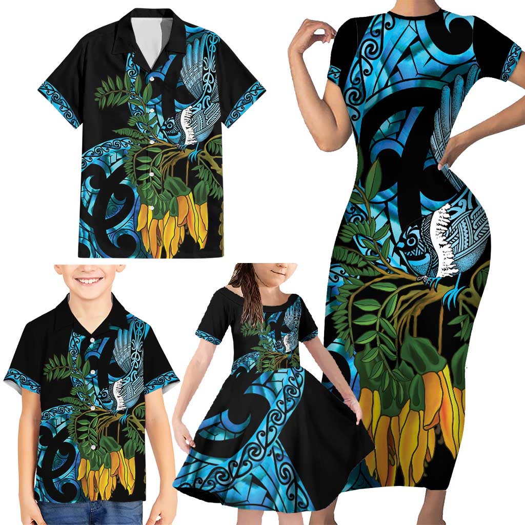 Turquoise New Zealand Kowhai And Piwakawaka Family Matching Short Sleeve Bodycon Dress and Hawaiian Shirt Maori Ngaru Paua Shell