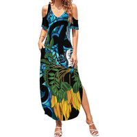 Turquoise New Zealand Kowhai And Piwakawaka Family Matching Summer Maxi Dress and Hawaiian Shirt Maori Ngaru Paua Shell