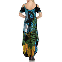 Turquoise New Zealand Kowhai And Piwakawaka Family Matching Summer Maxi Dress and Hawaiian Shirt Maori Ngaru Paua Shell