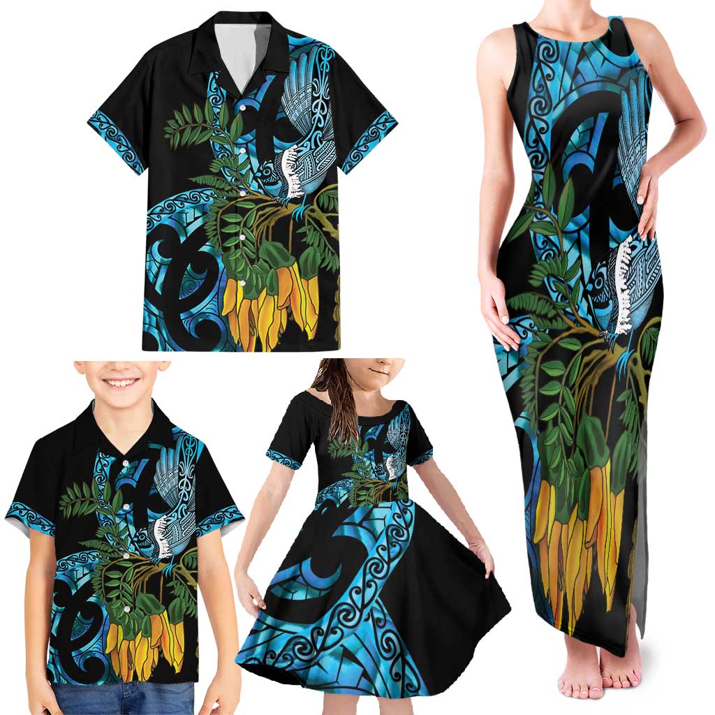 Turquoise New Zealand Kowhai And Piwakawaka Family Matching Tank Maxi Dress and Hawaiian Shirt Maori Ngaru Paua Shell