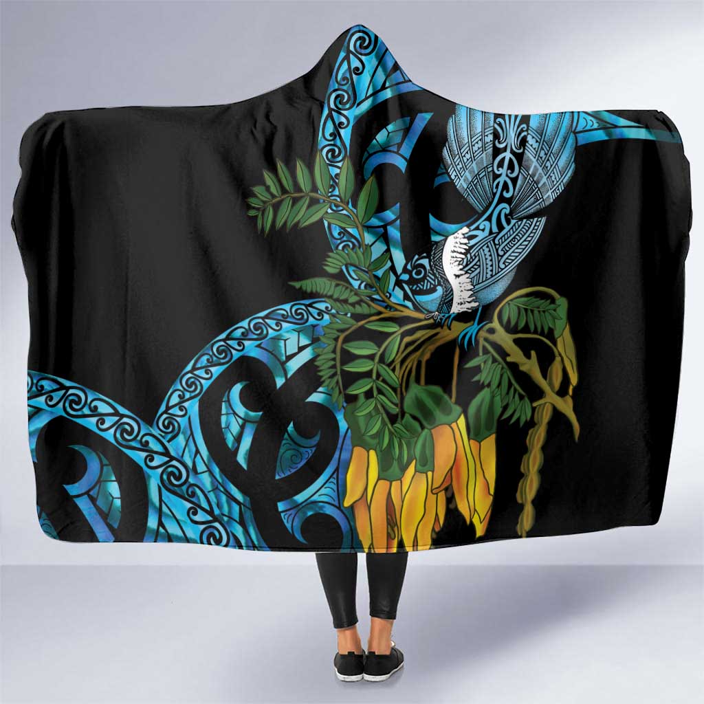 Turquoise New Zealand Kowhai And Piwakawaka Hooded Blanket Maori Ngaru Paua Shell LT14 One Size Turquoise - Polynesian Pride
