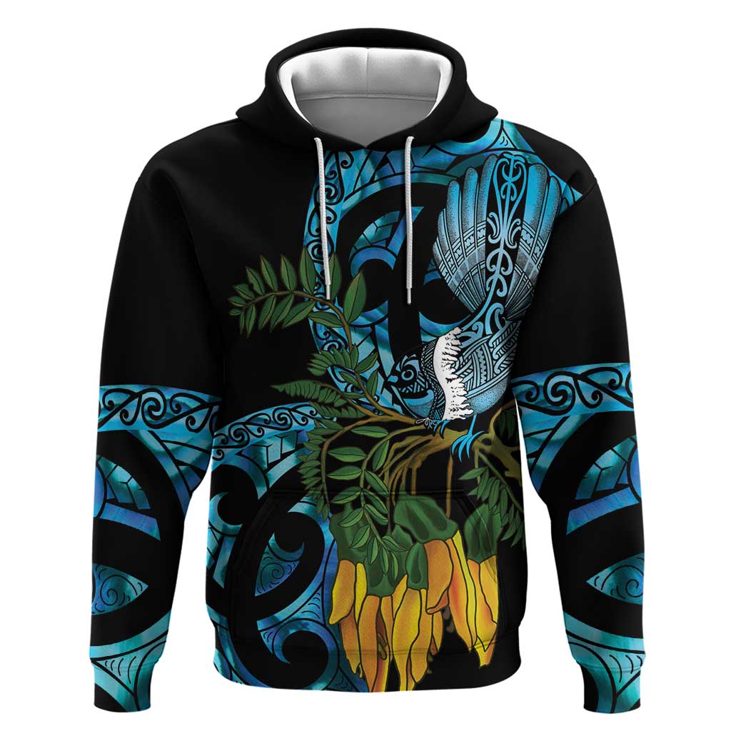 Turquoise New Zealand Kowhai And Piwakawaka Hoodie Maori Ngaru Paua Shell