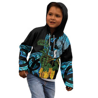 Turquoise New Zealand Kowhai And Piwakawaka Kid Hoodie Maori Ngaru Paua Shell