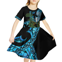 Turquoise New Zealand Kowhai And Piwakawaka Kid Short Sleeve Dress Maori Ngaru Paua Shell