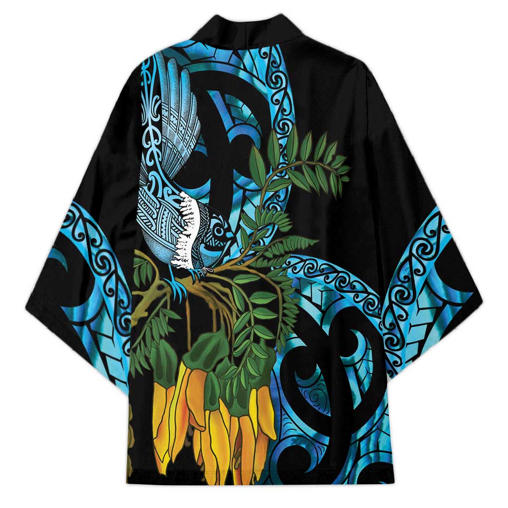 Turquoise New Zealand Kowhai And Piwakawaka Kimono Maori Ngaru Paua Shell - Polynesian Pride