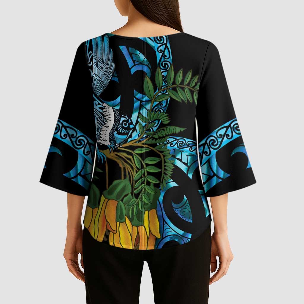 Turquoise New Zealand Kowhai And Piwakawaka Kimono Sleeve Blouse Maori Ngaru Paua Shell - Polynesian Pride